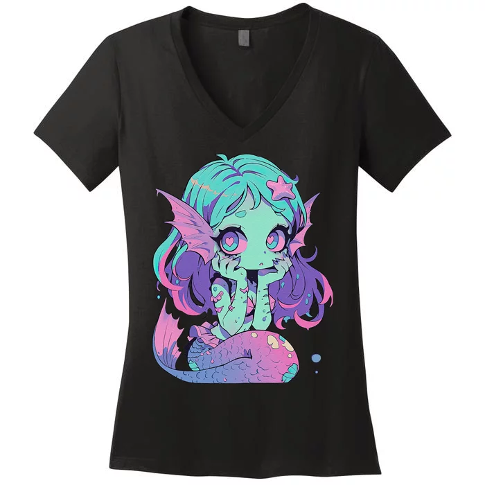 Kawaii Pastel Goth Creepy Cute Witchy Zombie Mermaid Women's V-Neck T-Shirt