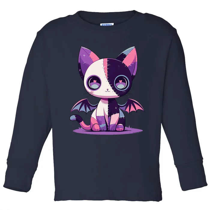 Kawaii Pastel Goth Creepy Cute Witchy Zombie Patchwork Cat Toddler Long Sleeve Shirt