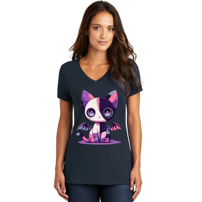 Kawaii Pastel Goth Creepy Cute Witchy Zombie Patchwork Cat Women's V-Neck T-Shirt