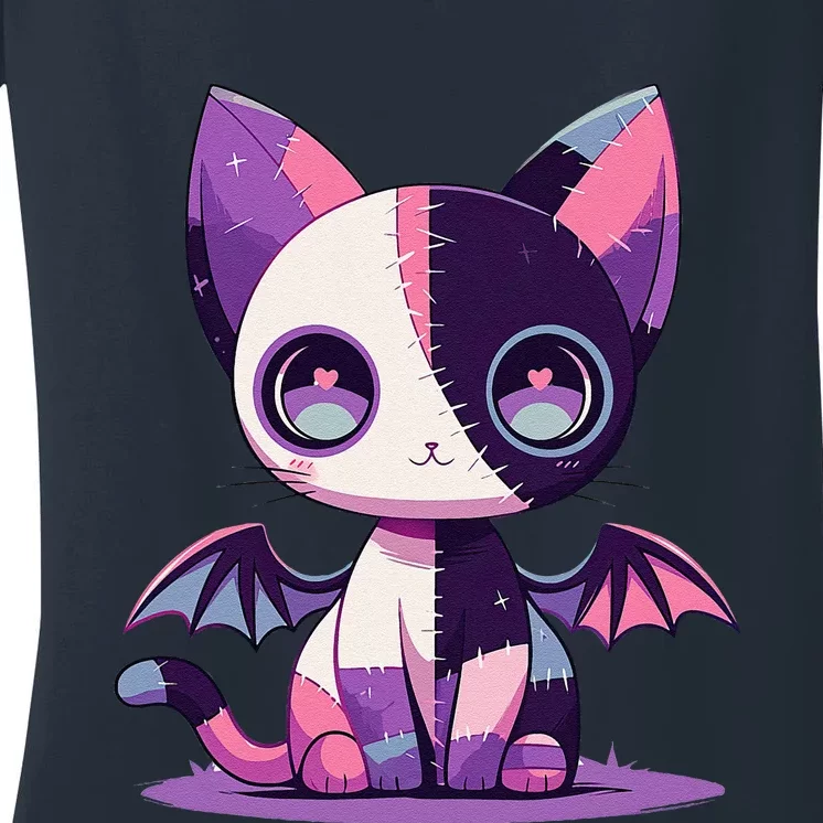 Kawaii Pastel Goth Creepy Cute Witchy Zombie Patchwork Cat Women's V-Neck T-Shirt