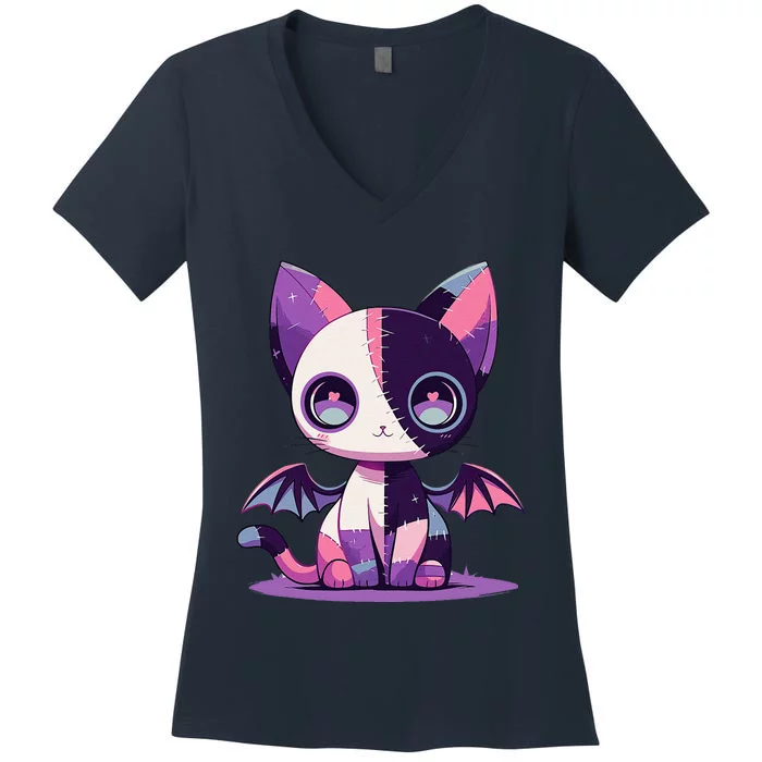 Kawaii Pastel Goth Creepy Cute Witchy Zombie Patchwork Cat Women's V-Neck T-Shirt