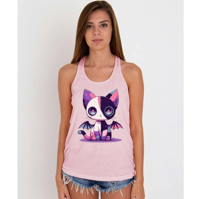 Kawaii Pastel Goth Creepy Cute Witchy Zombie Patchwork Cat Women's Knotted Racerback Tank