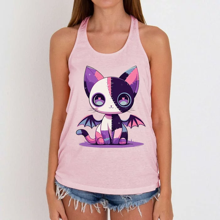 Kawaii Pastel Goth Creepy Cute Witchy Zombie Patchwork Cat Women's Knotted Racerback Tank