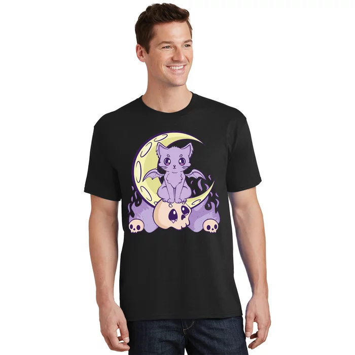 Kawaii Pastel Goth Cute Witchy Cat And Skull Anime Nu T-Shirt