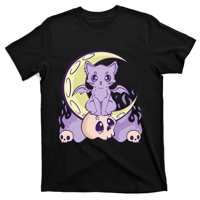 Kawaii Pastel Goth Cute Witchy Cat And Skull Anime Nu T-Shirt