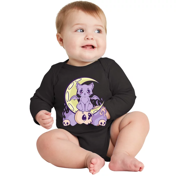 Kawaii Pastel Goth Cute Witchy Cat And Skull Anime Nu Baby Long Sleeve Bodysuit