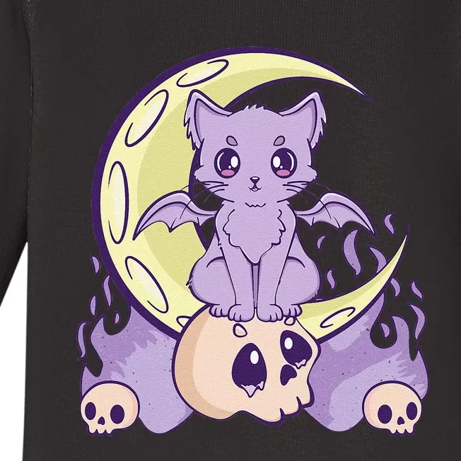 Kawaii Pastel Goth Cute Witchy Cat And Skull Anime Nu Baby Long Sleeve Bodysuit