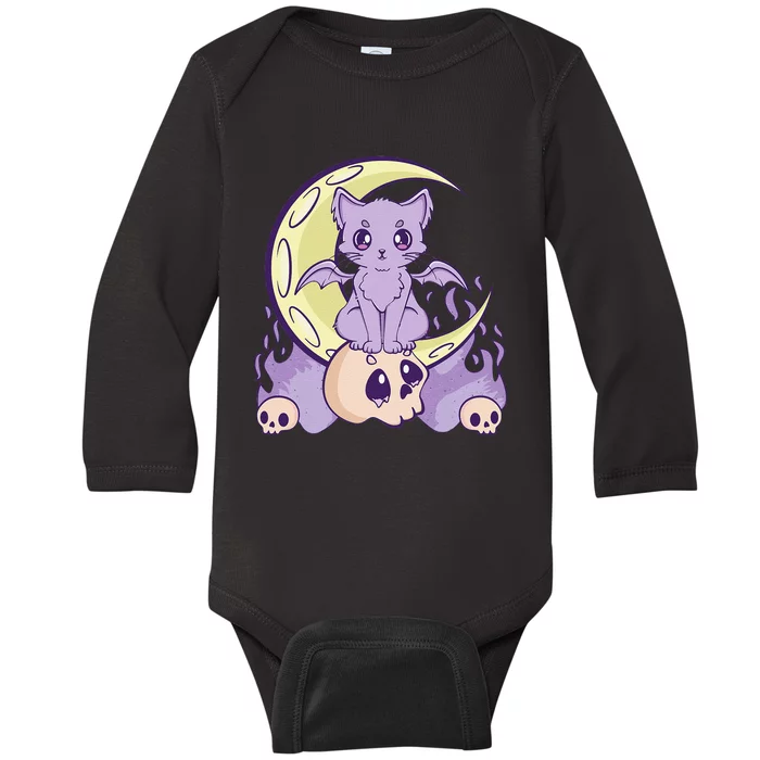 Kawaii Pastel Goth Cute Witchy Cat And Skull Anime Nu Baby Long Sleeve Bodysuit