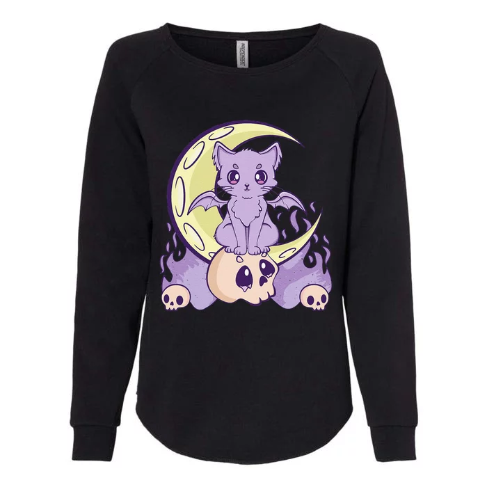 Kawaii Pastel Goth Cute Witchy Cat And Skull Anime Nu Womens California Wash Sweatshirt