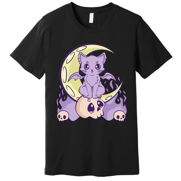 Kawaii Pastel Goth Cute Witchy Cat And Skull Anime Nu Premium T-Shirt