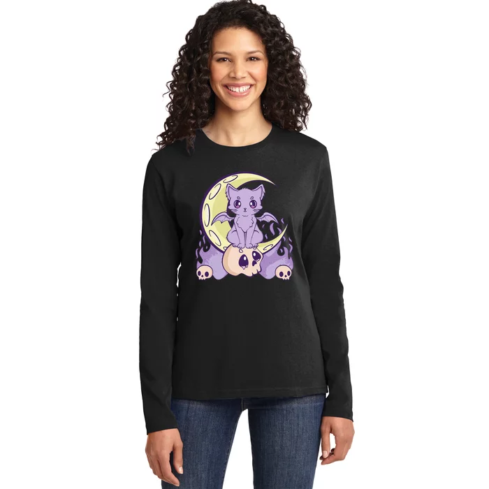 Kawaii Pastel Goth Cute Witchy Cat And Skull Anime Nu Ladies Long Sleeve Shirt