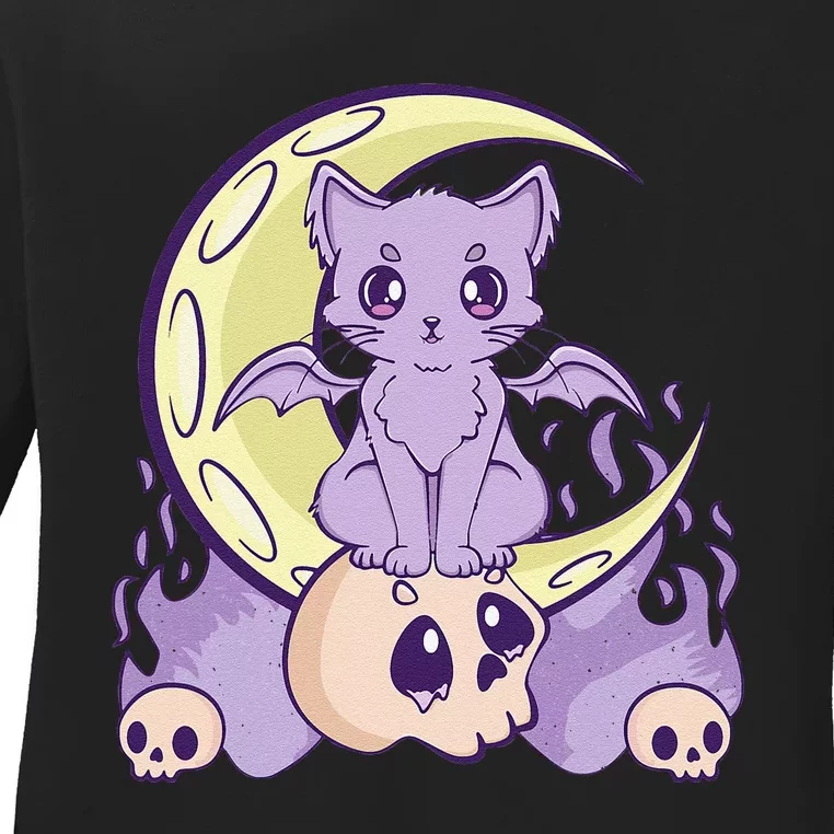 Kawaii Pastel Goth Cute Witchy Cat And Skull Anime Nu Ladies Long Sleeve Shirt