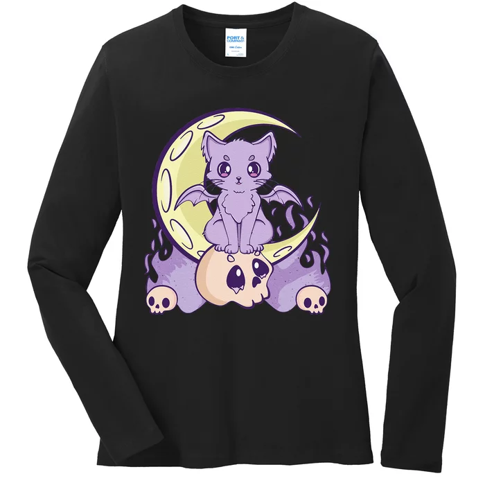 Kawaii Pastel Goth Cute Witchy Cat And Skull Anime Nu Ladies Long Sleeve Shirt