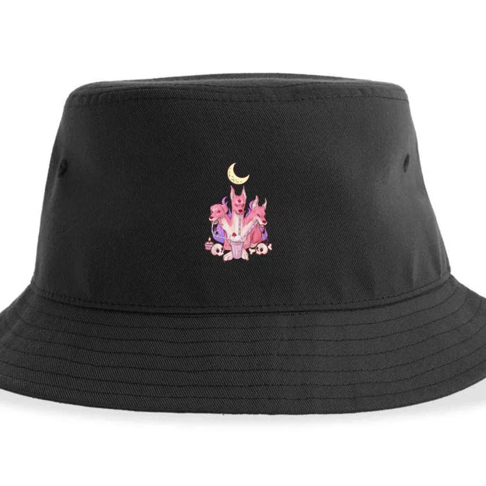 Kawaii Pastel Goth Strawberry Cerberus Creepy 3 Headed Dog Sustainable Bucket Hat