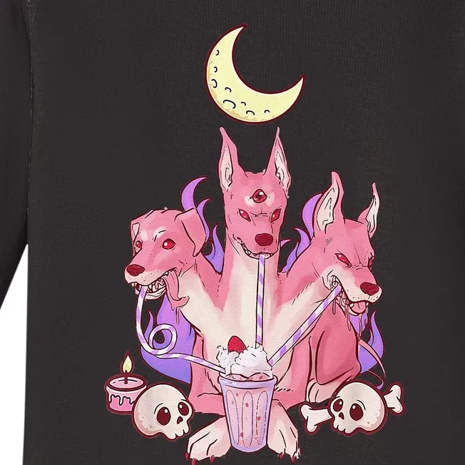 Kawaii Pastel Goth Strawberry Cerberus Creepy 3 Headed Dog Baby Long Sleeve Bodysuit