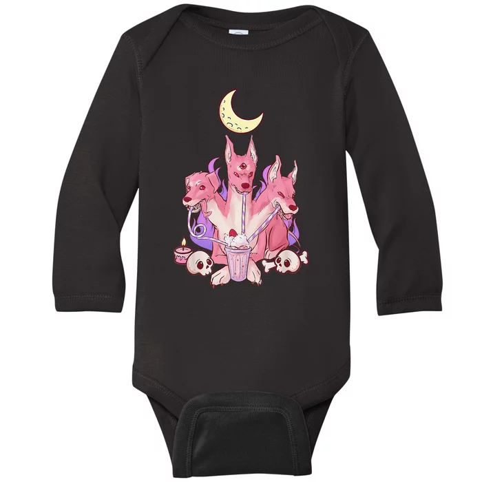 Kawaii Pastel Goth Strawberry Cerberus Creepy 3 Headed Dog Baby Long Sleeve Bodysuit