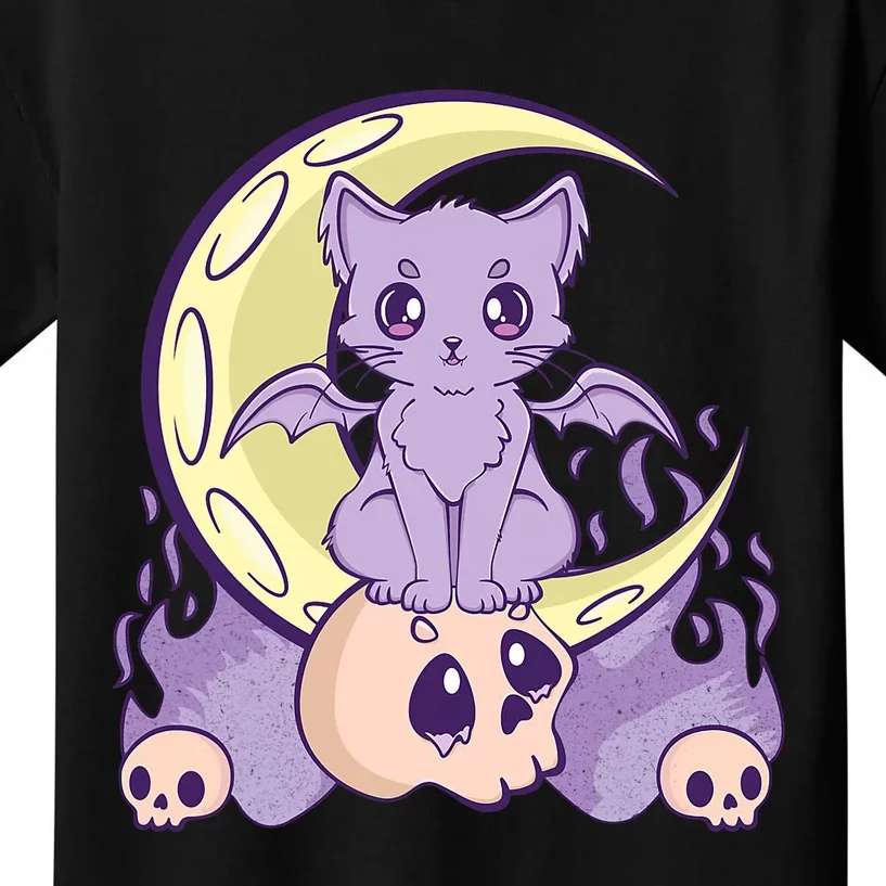 Kawaii Pastel Goth Cute Creepy Witchy Cat And Skull Anime Nu Kids T-Shirt