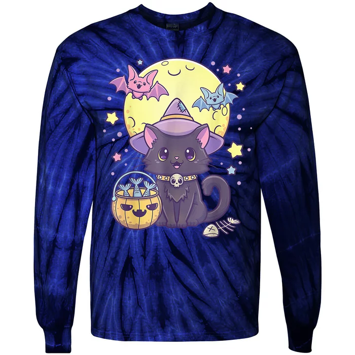 Kawaii Pastel Goth Cute Creepy Halloween Black Cat Witch Hat Tie-Dye Long Sleeve Shirt