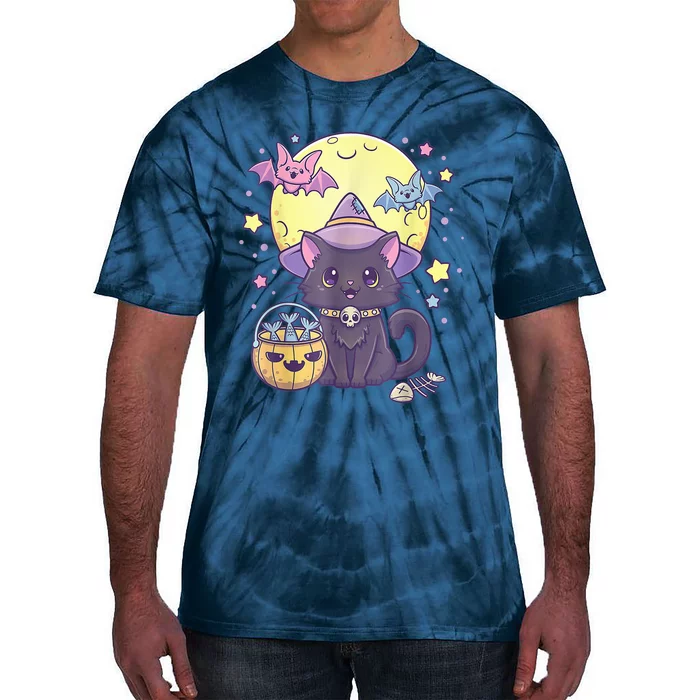 Kawaii Pastel Goth Cute Creepy Halloween Black Cat Witch Hat Tie-Dye T-Shirt