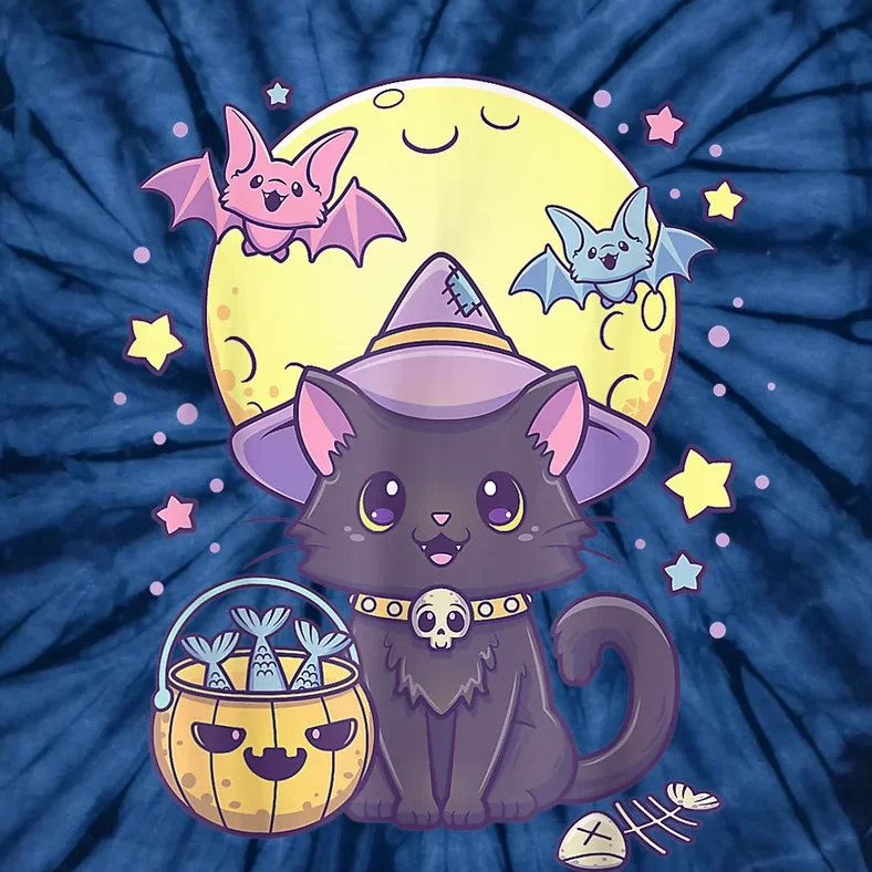 Kawaii Pastel Goth Cute Creepy Halloween Black Cat Witch Hat Tie-Dye T-Shirt