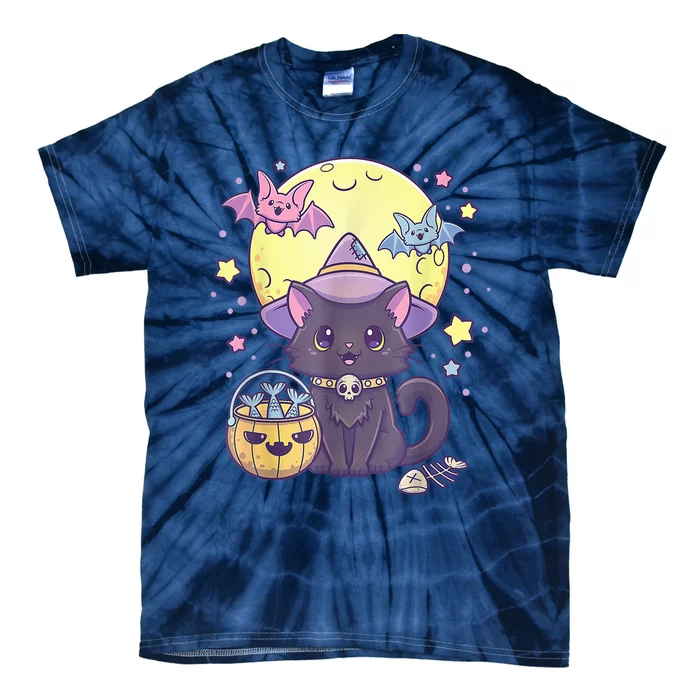 Kawaii Pastel Goth Cute Creepy Halloween Black Cat Witch Hat Tie-Dye T-Shirt