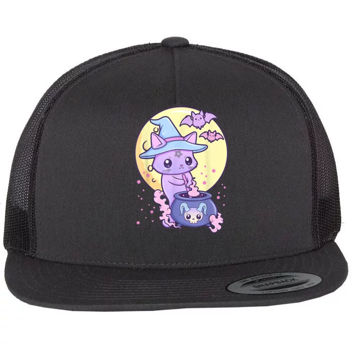 Kawaii Pastel Goth Cute Creepy Witch Cat Wicca Flat Bill Trucker Hat