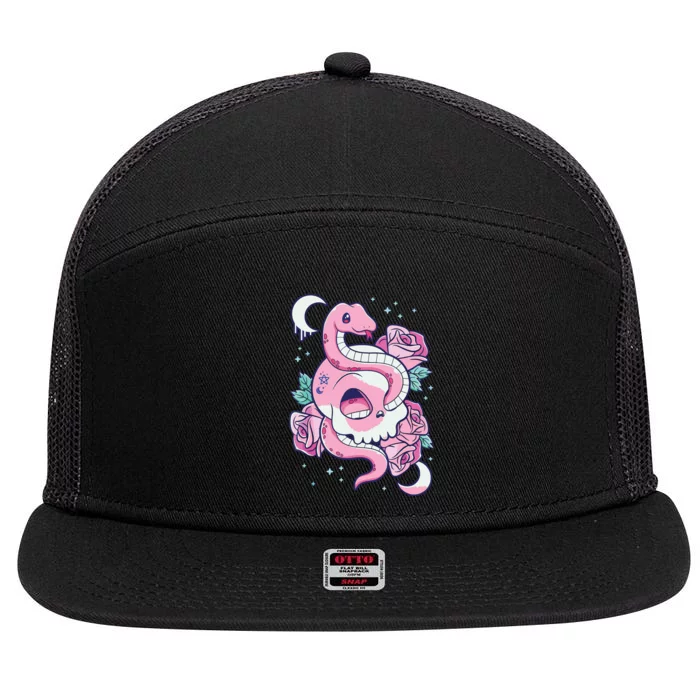 Kawaii Pastel Goth Cute Creepy Skull Serpent Snake Roses 7 Panel Mesh Trucker Snapback Hat