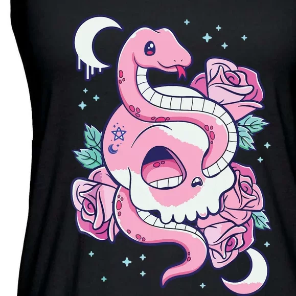 Kawaii Pastel Goth Cute Creepy Skull Serpent Snake Roses Ladies Essential Flowy Tank