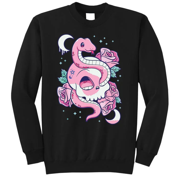 Kawaii Pastel Goth Cute Creepy Skull Serpent Snake Roses Tall Sweatshirt