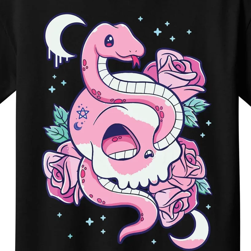 Kawaii Pastel Goth Cute Creepy Skull Serpent Snake Roses Kids T-Shirt