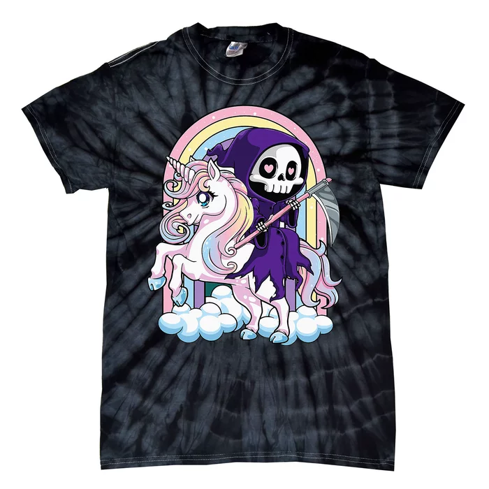 Kawaii Pastel Goth Cute Halloween Grim Reaper Riding Unicorn Tie-Dye T-Shirt