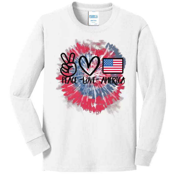 Kids Peace Love America Tie Dye 4th Of July Girl US Flag Kids Long Sleeve Shirt