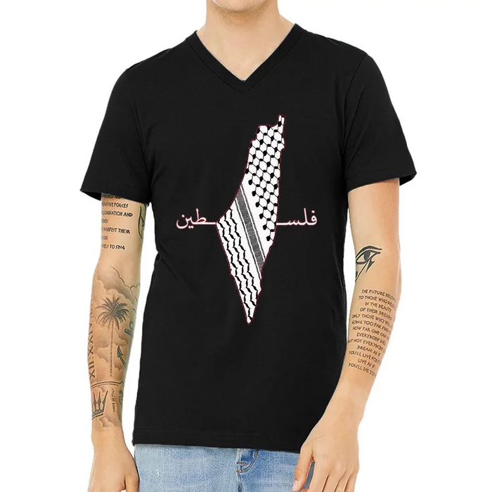 Keffiyeh Palestine Map Arabic Scarf Shemagh Palestinian Flag V-Neck T-Shirt