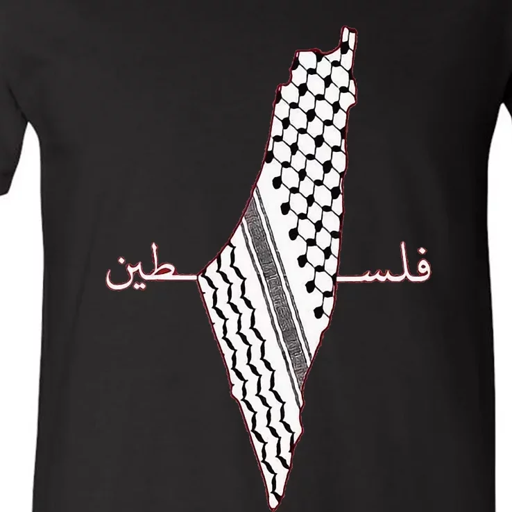 Keffiyeh Palestine Map Arabic Scarf Shemagh Palestinian Flag V-Neck T-Shirt