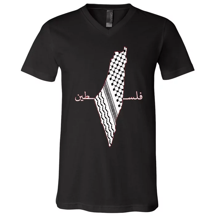 Keffiyeh Palestine Map Arabic Scarf Shemagh Palestinian Flag V-Neck T-Shirt