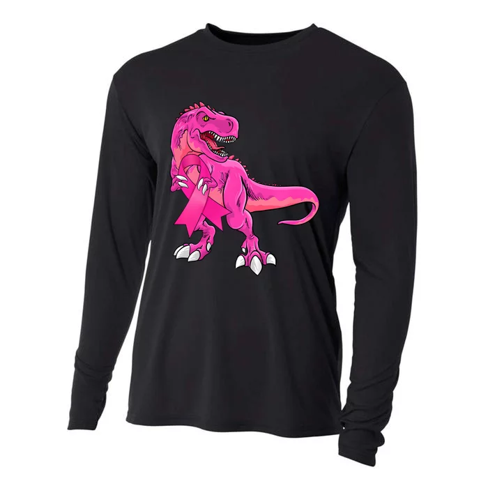 Kids Pink Ribbon Dinosaur Breast Cancer Awareness Boy Cooling Performance Long Sleeve Crew