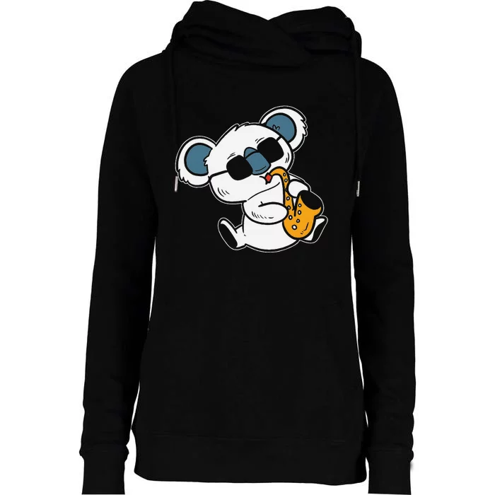 Koala Playing Saxophone Cute Band Member Womens Funnel Neck Pullover Hood