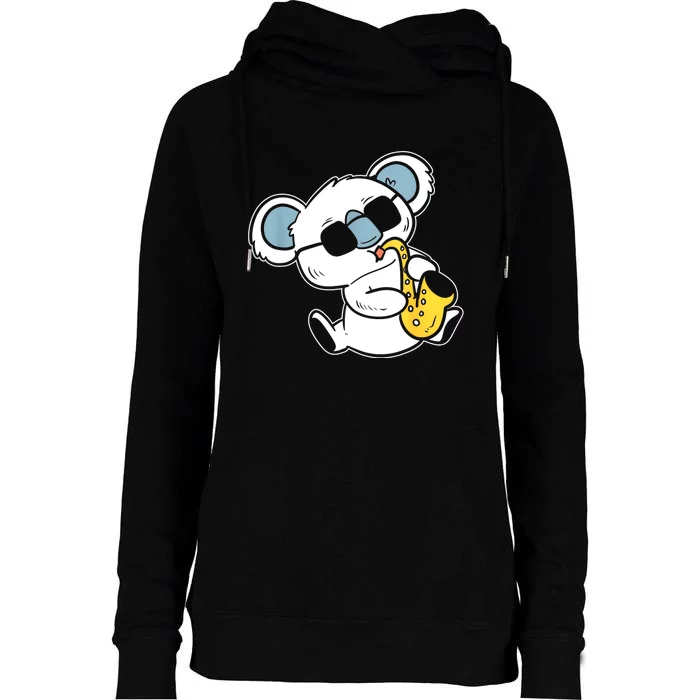 Koala Playing Saxophone Band Member Womens Funnel Neck Pullover Hood