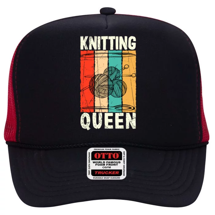 Knitting Queen Crocheting Lover Funny Yarn Wool Pun Cute Gift High Crown Mesh Trucker Hat