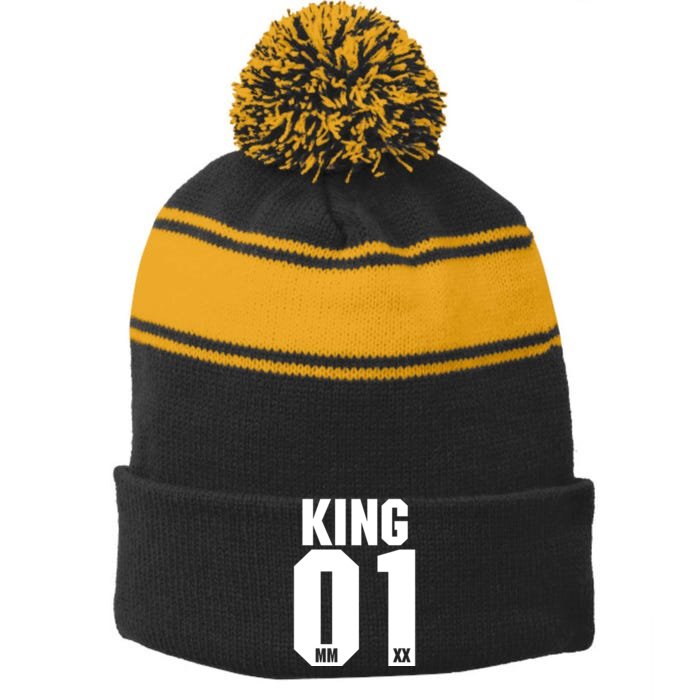 King & Queen 01 Family Matching Outfits King Dad Front & Back Stripe Pom Pom Beanie