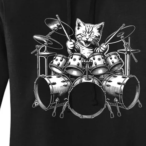 Kitten Rock Band Funny Kitty Drummer Cat Playing Drums Women's Pullover Hoodie