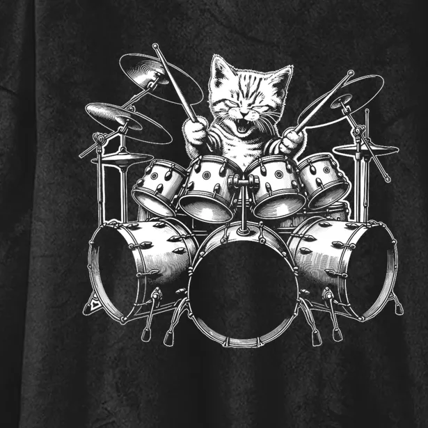 Kitten Rock Band Funny Kitty Drummer Cat Playing Drums Hooded Wearable Blanket