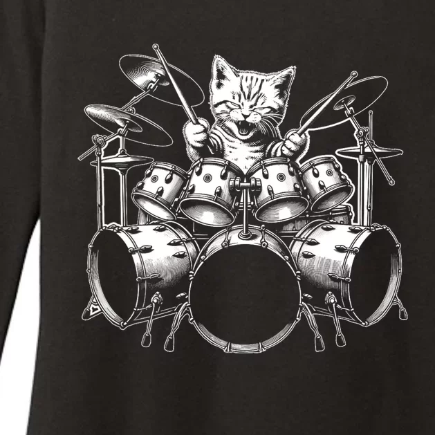 Kitten Rock Band Funny Kitty Drummer Cat Playing Drums Womens CVC Long Sleeve Shirt