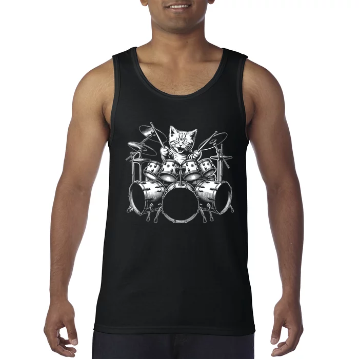 Kitten Rock Band Funny Kitty Drummer Cat Playing Drums Tank Top