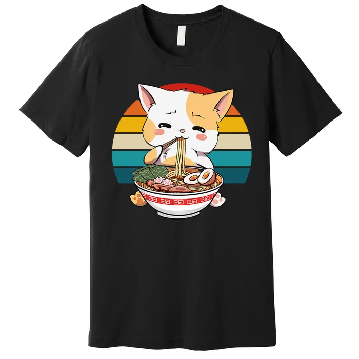 Kawaii Ramen Cat Retro Sunset Premium T-Shirt