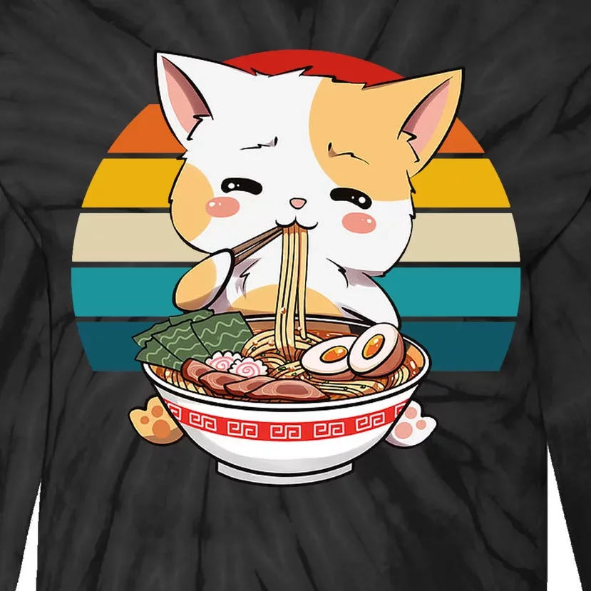 Kawaii Ramen Cat Retro Sunset Tie-Dye Long Sleeve Shirt