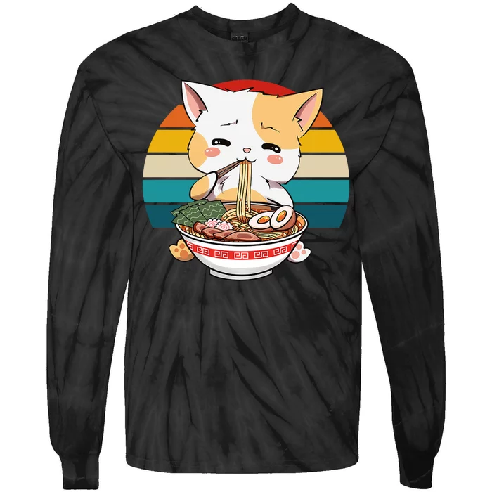 Kawaii Ramen Cat Retro Sunset Tie-Dye Long Sleeve Shirt