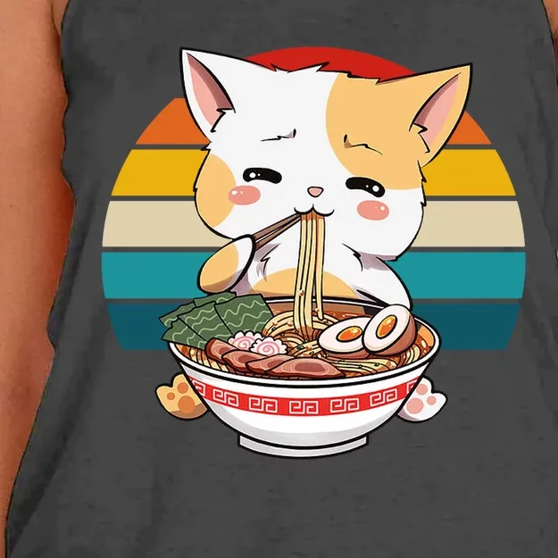 Kawaii Ramen Cat Retro Sunset Women's Knotted Racerback Tank