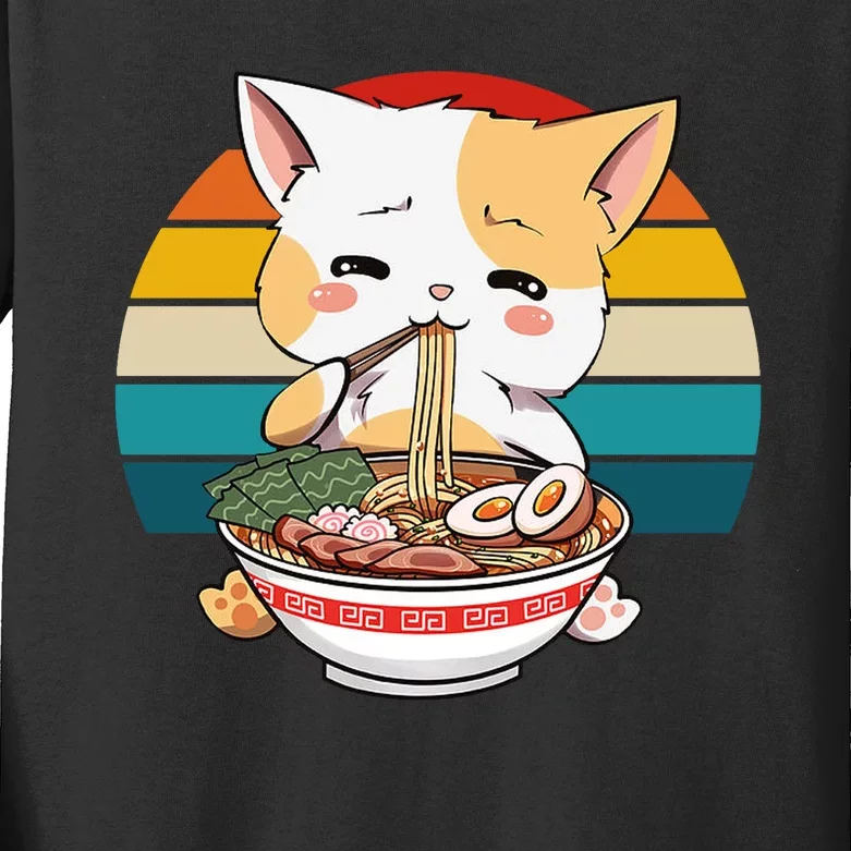 Kawaii Ramen Cat Retro Sunset Kids Long Sleeve Shirt