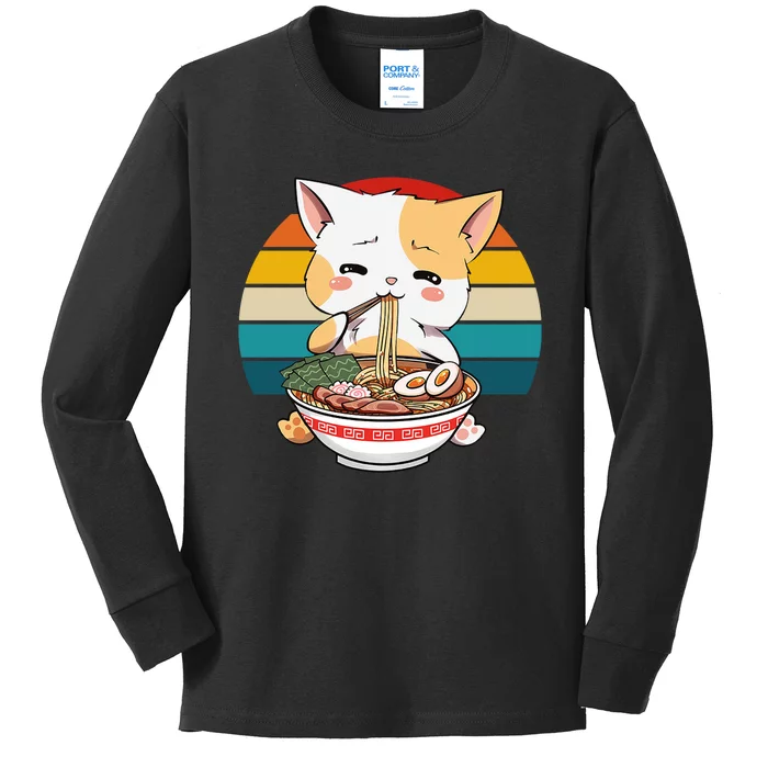 Kawaii Ramen Cat Retro Sunset Kids Long Sleeve Shirt